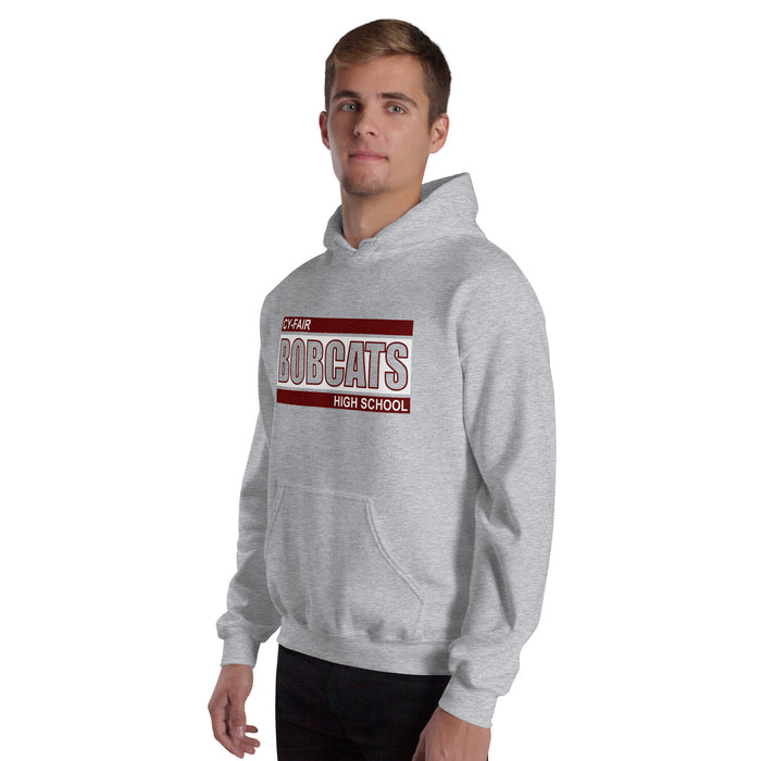 Man wearing Cy-Fair High School Bobcats Sport Grey Classic Unisex Hoodie 098