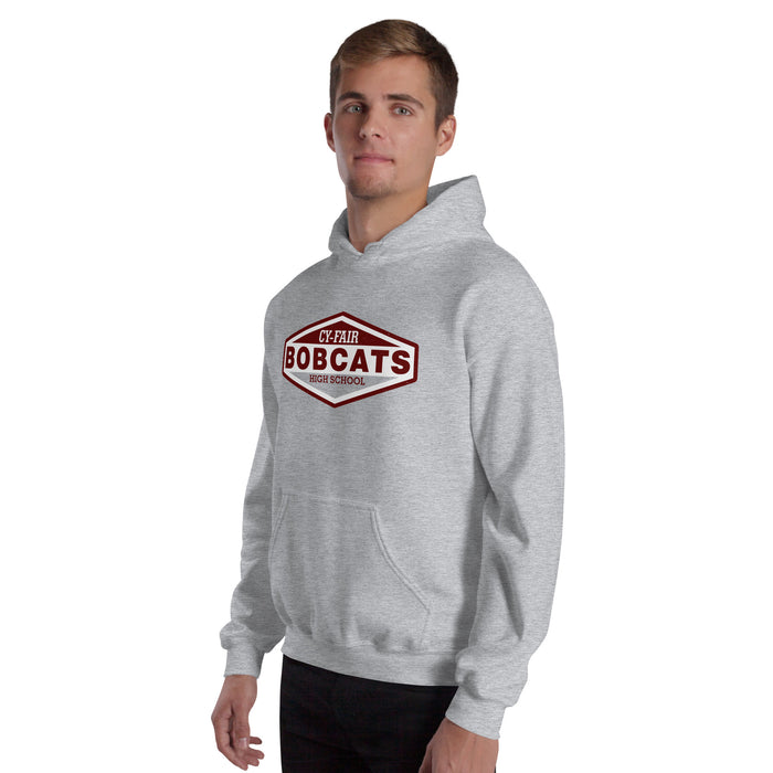 Man wearing Cy-Fair High School Bobcats Sport Grey Classic Unisex Hoodie 009