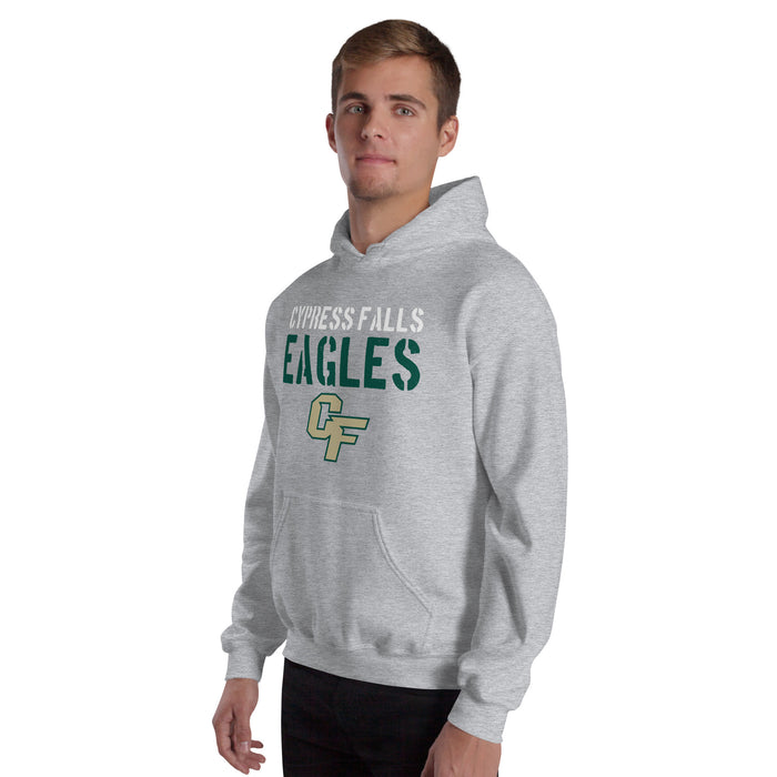 Man wearing Cypress Falls High School Eagles Heather Grey Classic Unisex Hoodie 017