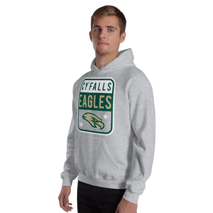 Man wearing Cypress Falls High School Eagles Heather Grey Classic Unisex Hoodie 001