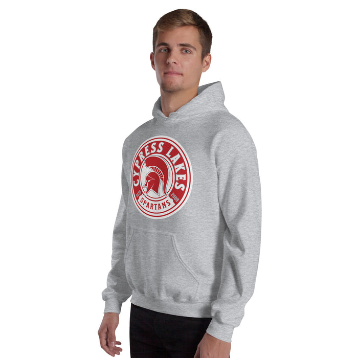 Man wearing Cypress Lakes High School Spartans Heather Grey Classic Unisex Hoodie 220
