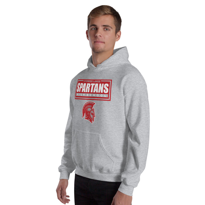 Man wearing Cypress Lakes High School Spartans Heather Grey Classic Unisex Hoodie 049