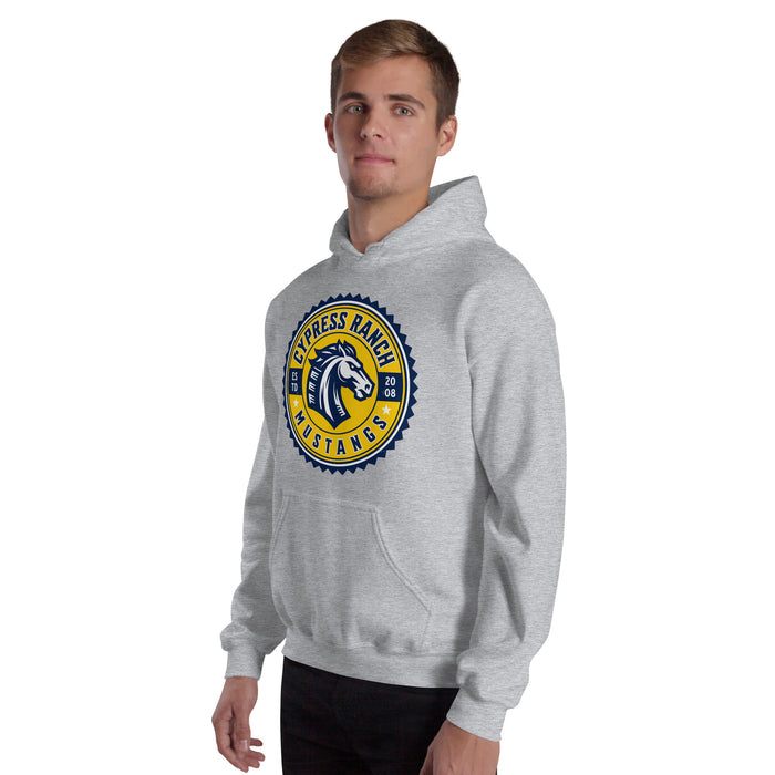 Man wearing Cypress Ranch High School Mustangs Heather Grey Classic Unisex Hoodie 203