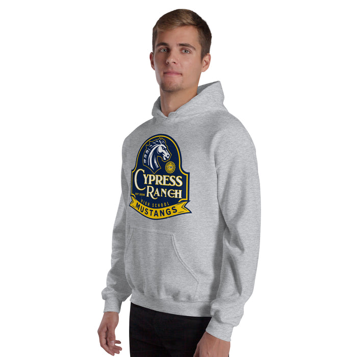 Man wearing Cypress Ranch High School Mustangs Heather Grey Classic Unisex Hoodie 219