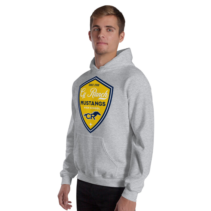 Man wearing Cypress Ranch High School Mustangs Heather Grey Classic Unisex Hoodie 225
