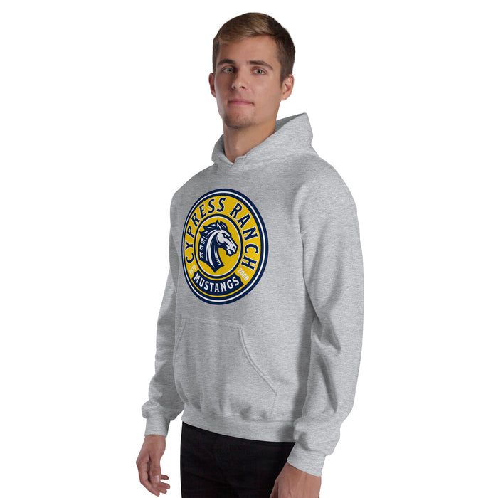 Man wearing Cypress Ranch High School Mustangs Heather Grey Classic Unisex Hoodie 220