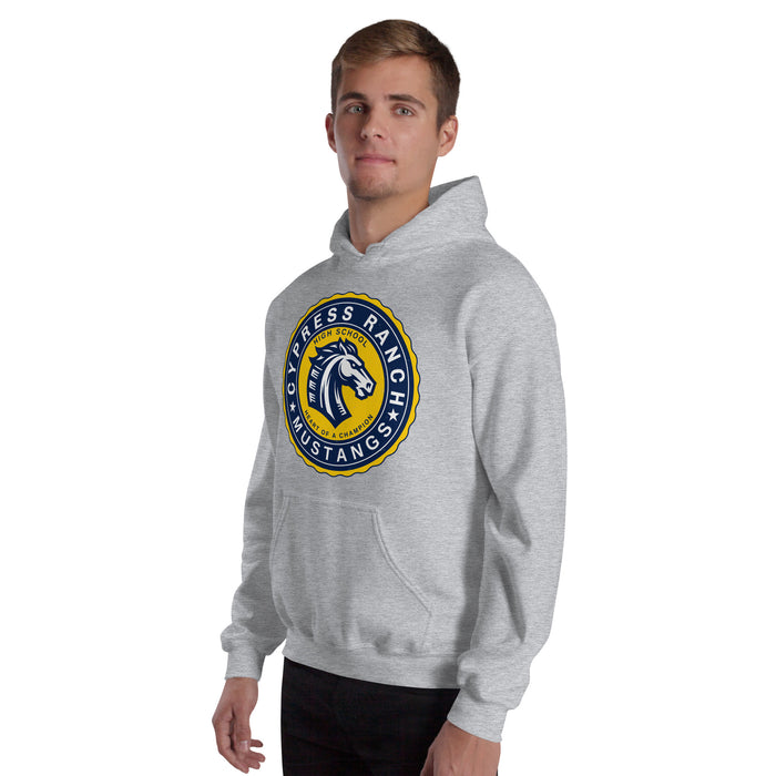 Man wearing Cypress Ranch High School Mustangs Heather Grey Classic Unisex Hoodie 216