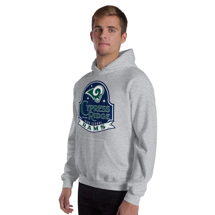 Man wearing Cypress Ridge High School Rams Sport Heather Classic Unisex Hoodie 219