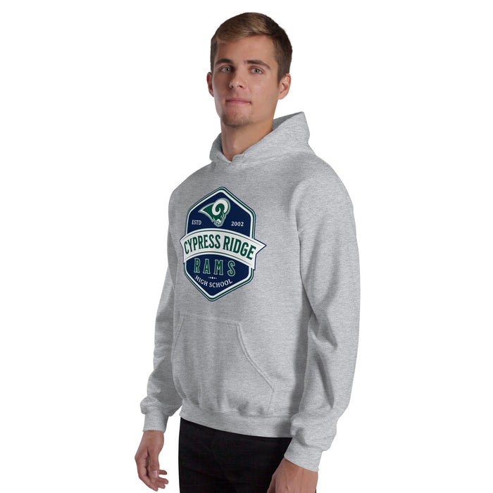 Man wearing Cypress Ridge High School Rams Sport Heather Classic Unisex Hoodie 209