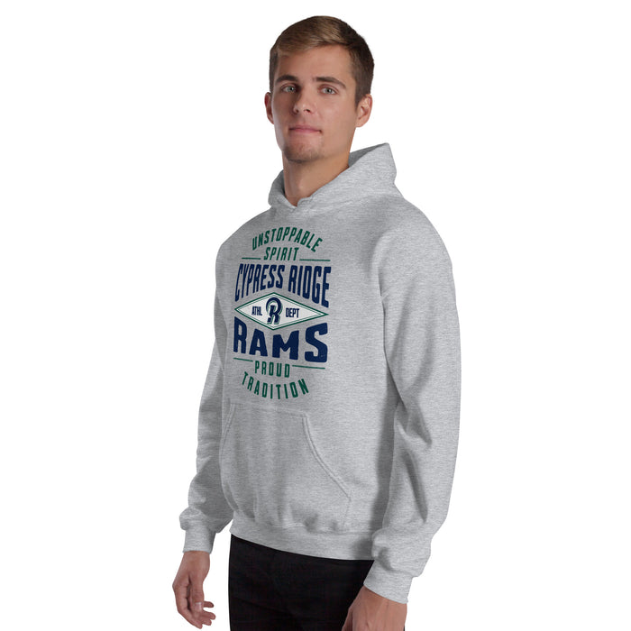 Man wearing Cypress Ridge High School Rams Sport Heather Classic Unisex Hoodie 210