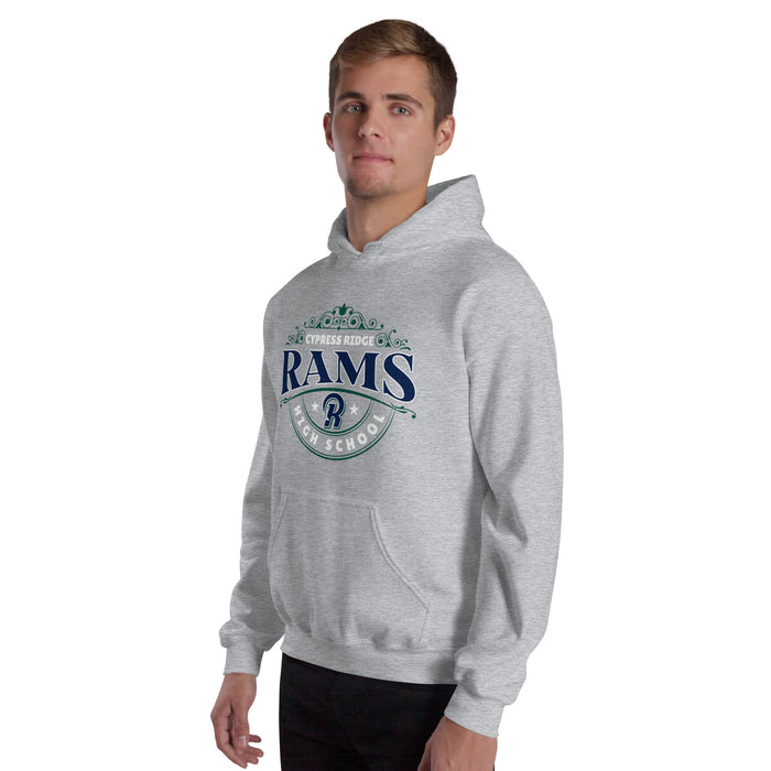 Man wearing Cypress Ridge High School Rams Sport Heather Classic Unisex Hoodie 211
