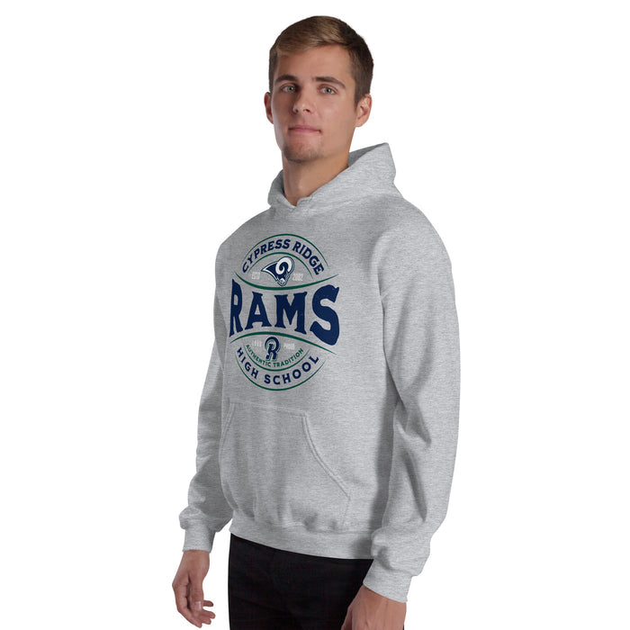 Man wearing Cypress Ridge High School Rams Sport Heather Classic Unisex Hoodie 218