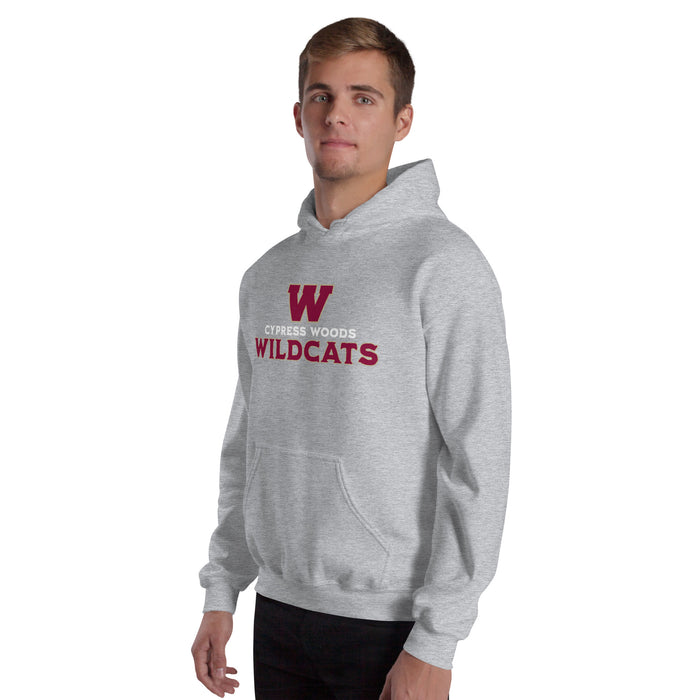 Man wearing Cypress Woods High School Wildcats Heather Grey Classic Unisex Hoodie 233