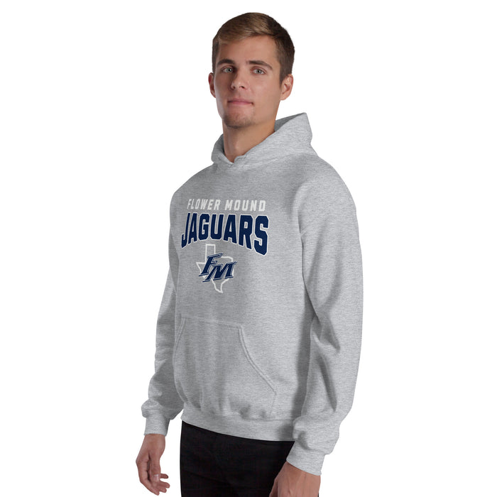 Man wearing Flower Mound High School Jaguars Sport Grey Classic Unisex Hoodie 234