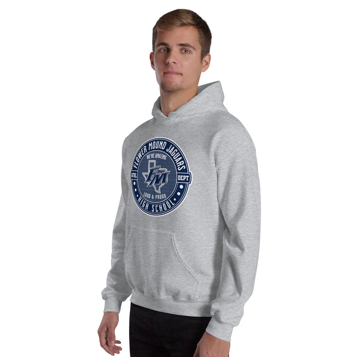 Man wearing Flower Mound High School Jaguars Sport Grey Classic Unisex Hoodie 224
