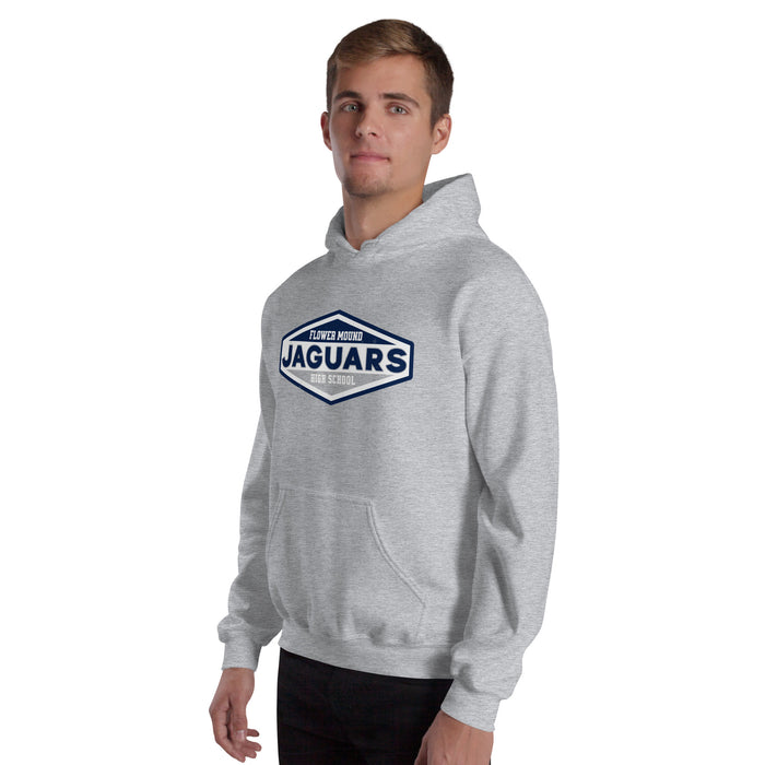 Man wearing Flower Mound High School Jaguars Sport Grey Classic Unisex Hoodie 009