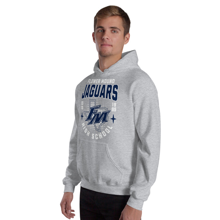 Man wearing Flower Mound High School Jaguars Sport Grey Classic Unisex Hoodie 204