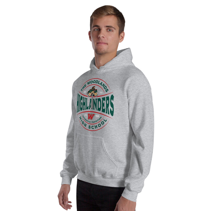 Man wearing The Woodlands High School Highlanders Sport Grey Classic Unisex Hoodie 218