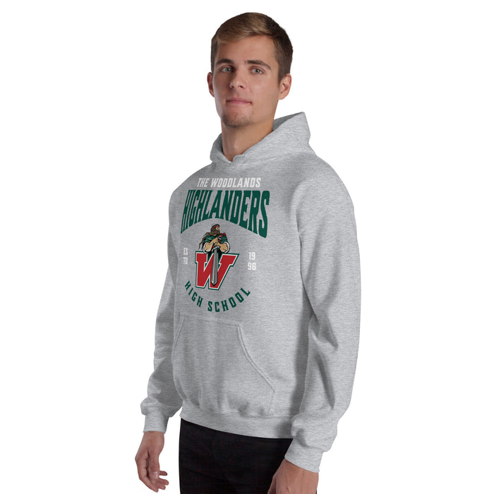Man wearing The Woodlands High School Highlanders Sport Grey Classic Unisex Hoodie 213