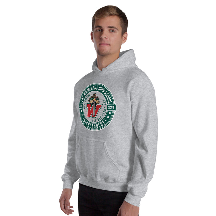Man wearing The Woodlands High School Highlanders Sport Grey Classic Unisex Hoodie 224