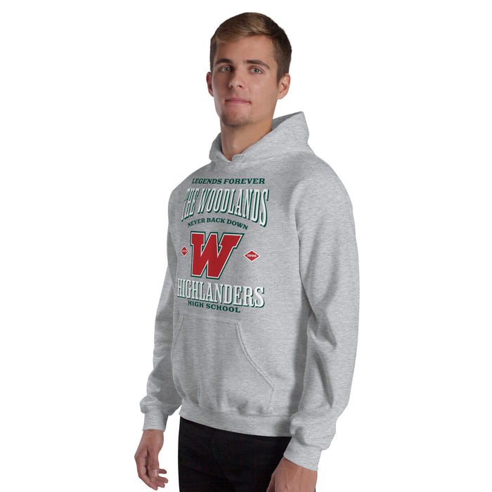 Man wearing The Woodlands High School Highlanders Sport Grey Classic Unisex Hoodie 230