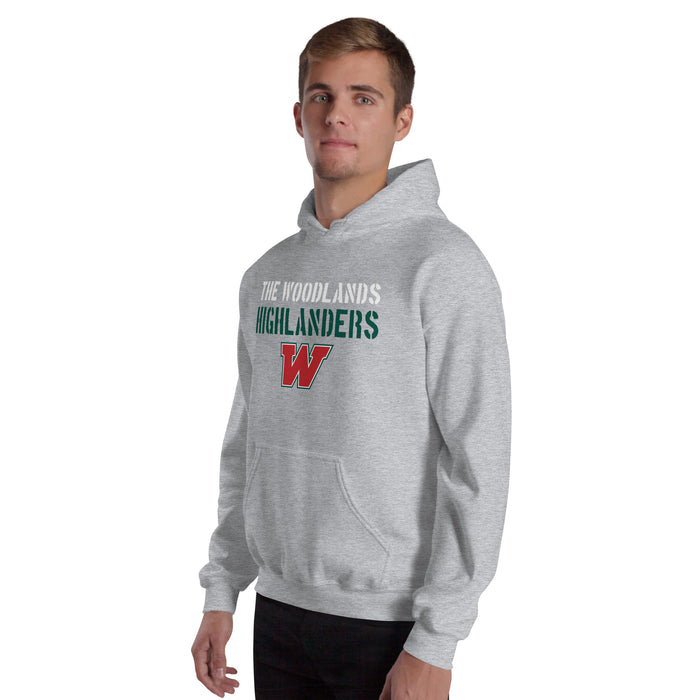 Man wearing The Woodlands High School Highlanders Sport Grey Classic Unisex Hoodie 017