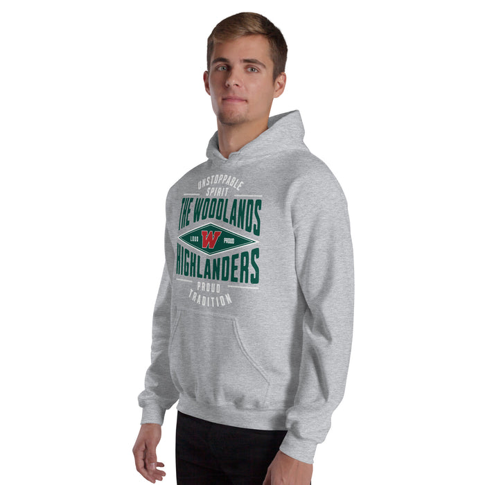 Man wearing The Woodlands High School Highlanders Sport Grey Classic Unisex Hoodie 210