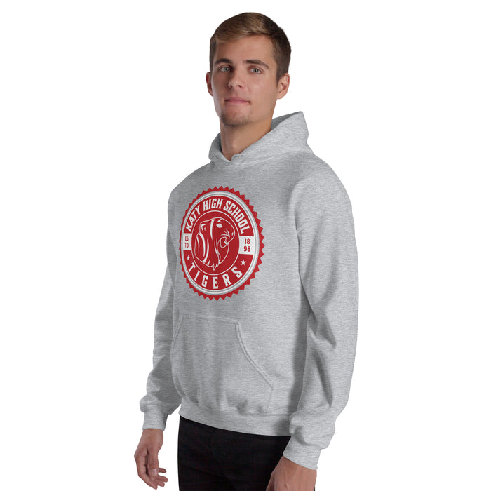 Man wearing Katy High School Tigers Sport Grey Classic Unisex Hoodie 203