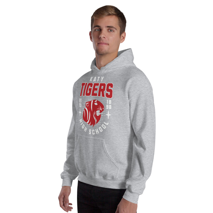 Man wearing Katy High School Tigers Sport Grey Classic Unisex Hoodie 204