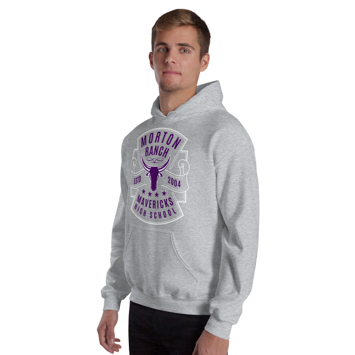 Man wearing Morton Ranch High School Mavericks Grey Classic Unisex Hoodie 207