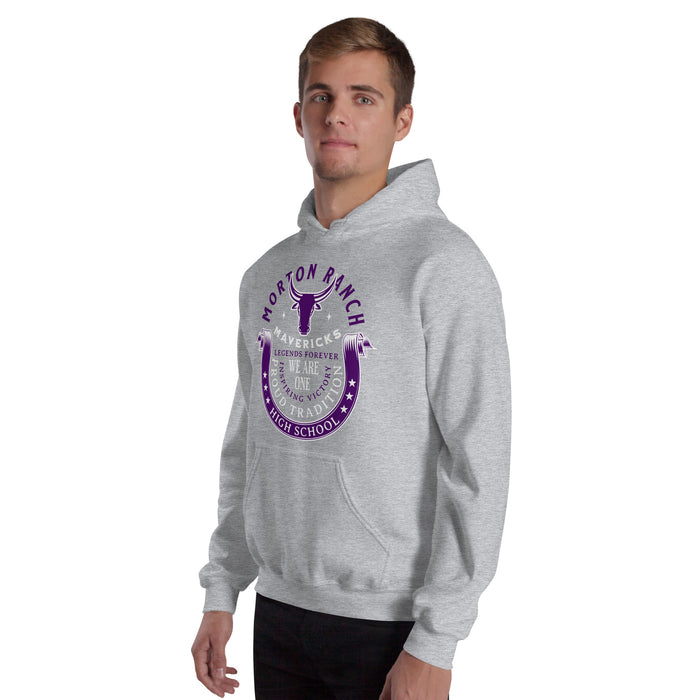Man wearing Morton Ranch High School Mavericks Grey Classic Unisex Hoodie 229