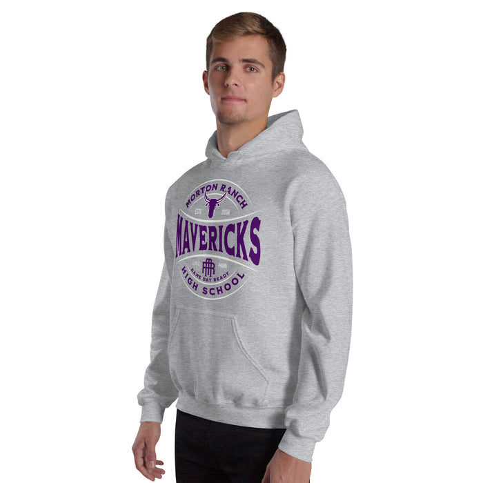 Man wearing Morton Ranch High School Mavericks Grey Classic Unisex Hoodie 218