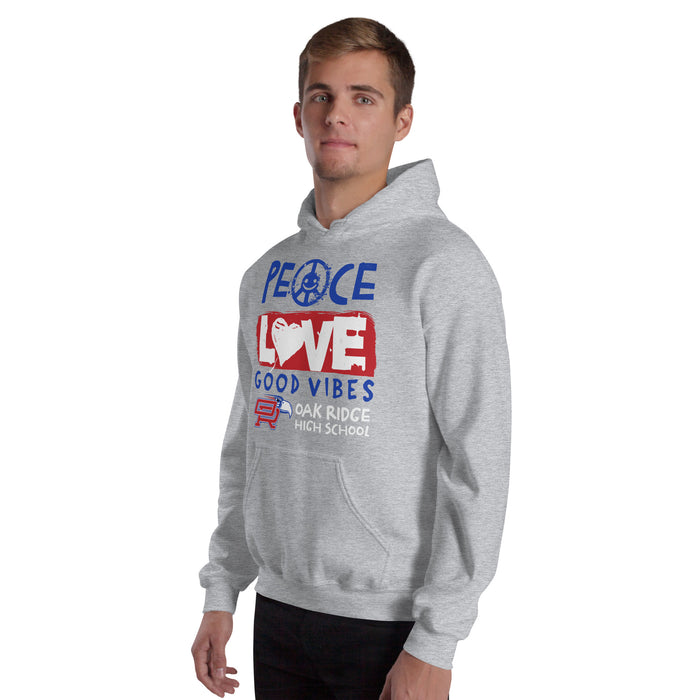 Man wearing Oak Ridge High School War Eagles Grey Classic Unisex Hoodie 240