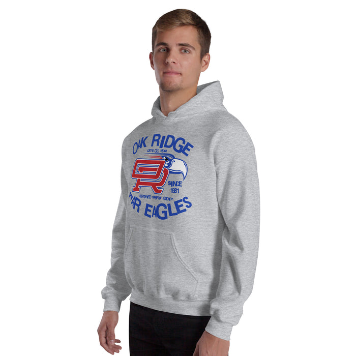 Man wearing Oak Ridge High School War Eagles Grey Classic Unisex Hoodie 228