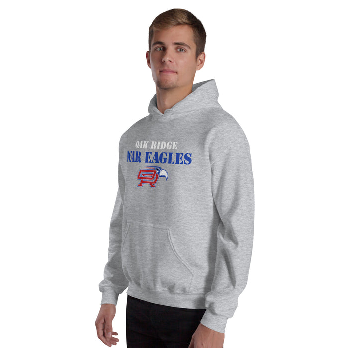 Man wearing Oak Ridge High School War Eagles Grey Classic Unisex Hoodie 017