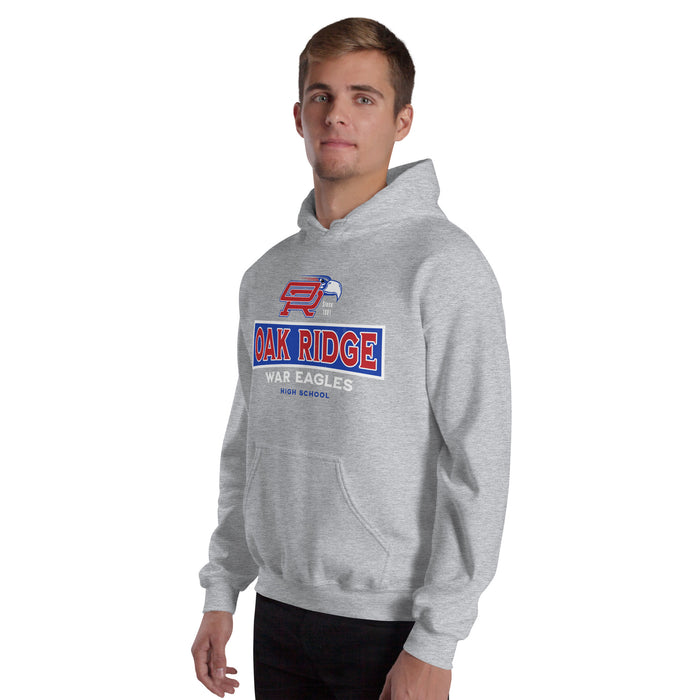 Man wearing Oak Ridge High School War Eagles Grey Classic Unisex Hoodie 202