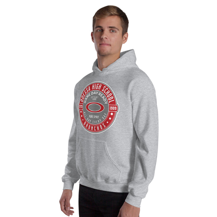 Man wearing Odessa High School Bronchos Grey Classic Unisex Hoodie 224