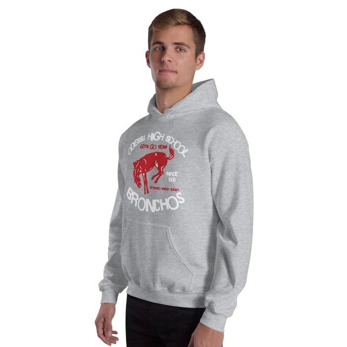 Man wearing Odessa High School Bronchos Grey Classic Unisex Hoodie 228