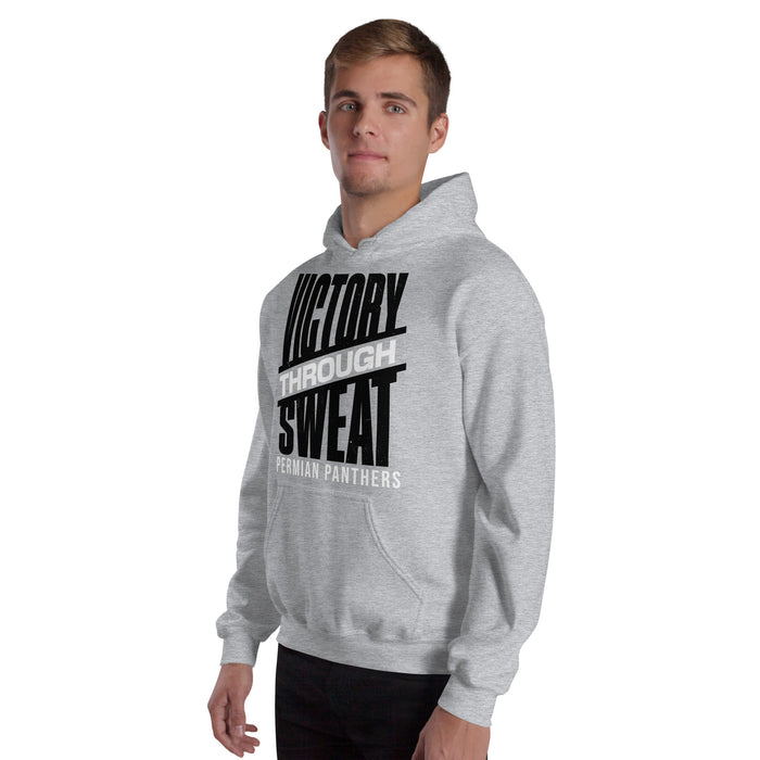 Man wearing Permian High School Panthers Grey Classic Unisex Hoodies 241