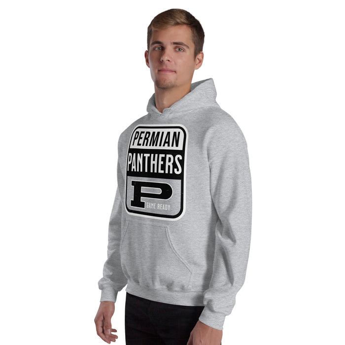 Man wearing Permian High School Panthers Grey Classic Unisex Hoodie 001