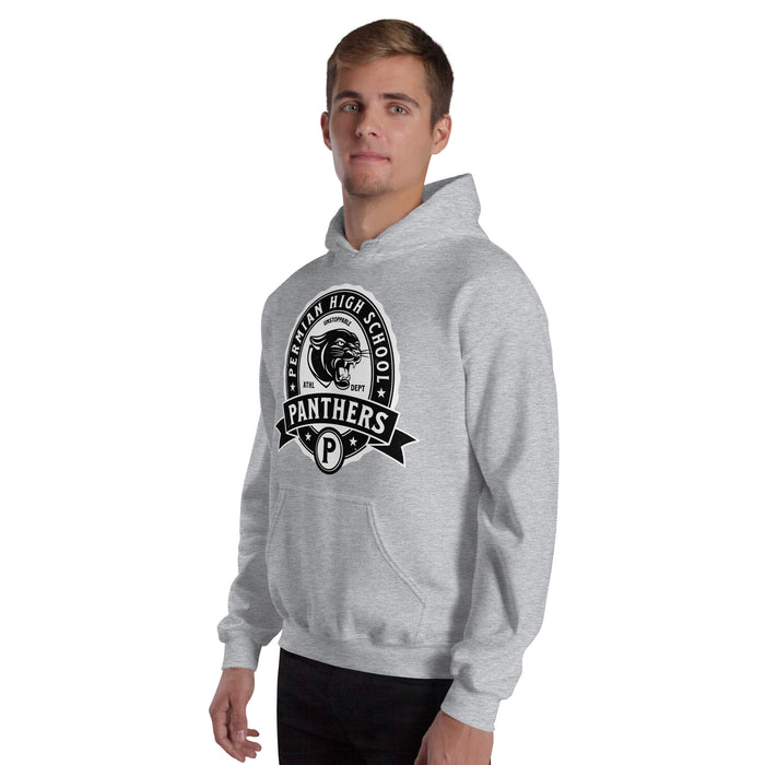 Man wearing Permian High School Panthers Grey Classic Unisex Hoodie 212
