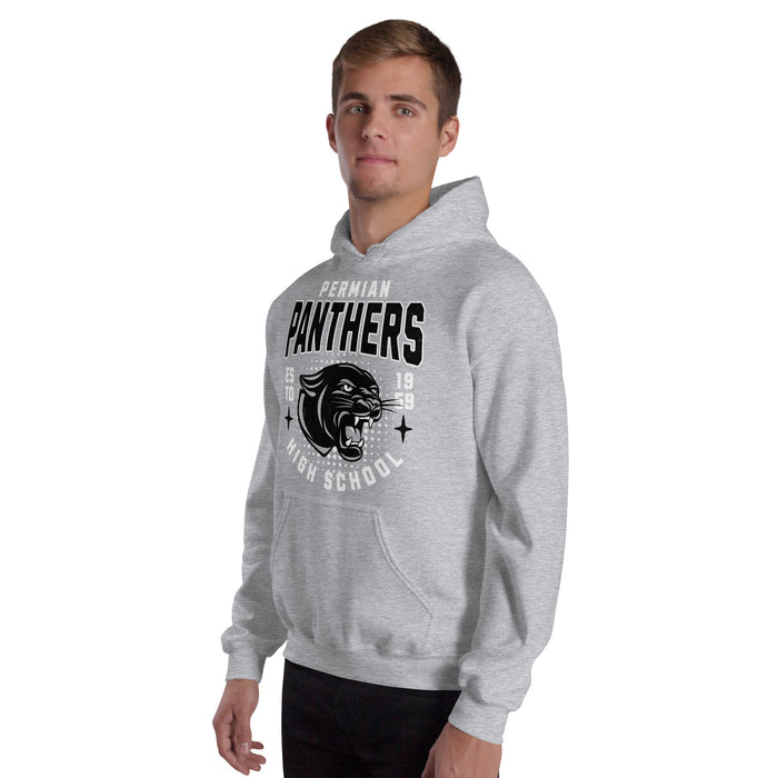 Man wearing Permian High School Panthers Grey Classic Unisex Hoodie 204