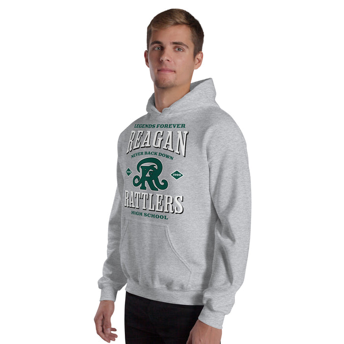 Man wearing Reagan High School Rattlers Grey Classic Unisex Hoodie 230
