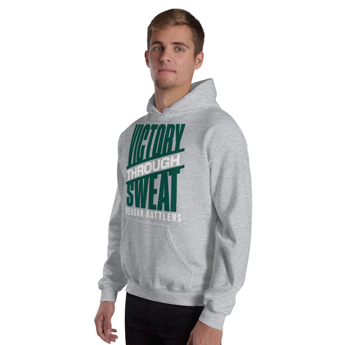 Man wearing Reagan High School Rattlers Grey Classic Unisex Hoodie 241