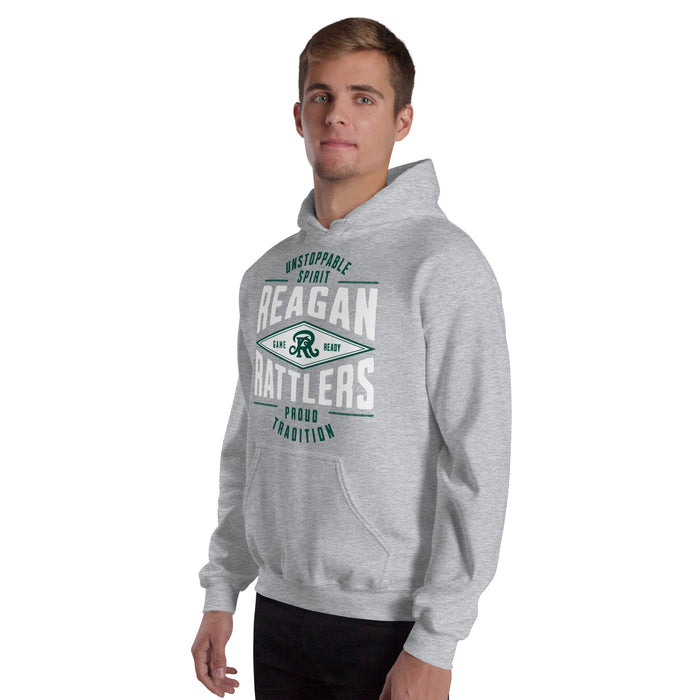 Man wearing Reagan High School Rattlers Grey Classic Unisex Hoodie 210