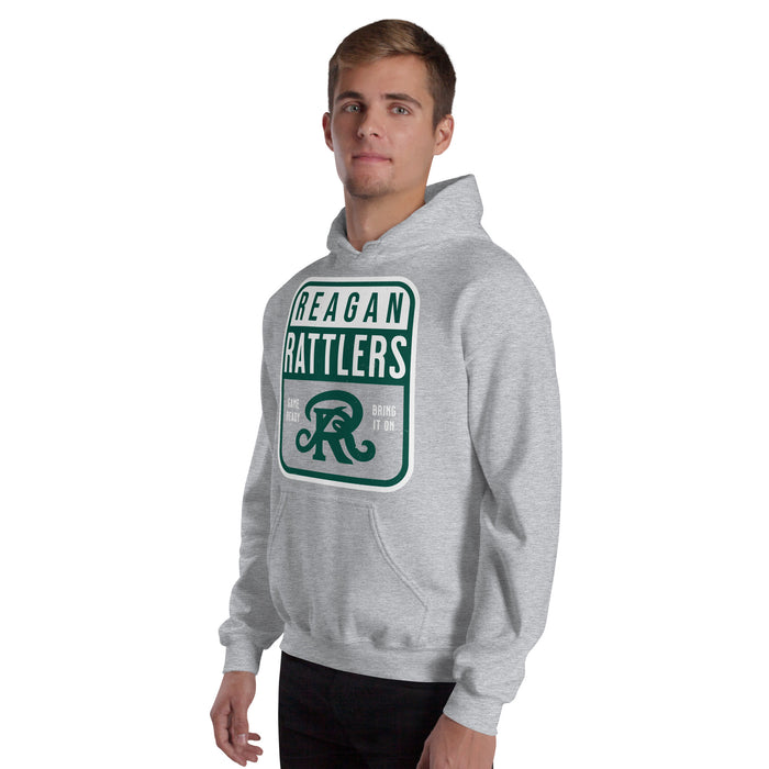Man wearing Reagan High School Rattlers Grey Classic Unisex Hoodie 001