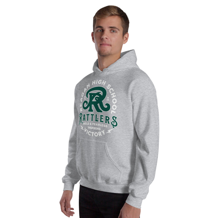 Man wearing Reagan High School Rattlers Grey Classic Unisex Hoodie 206