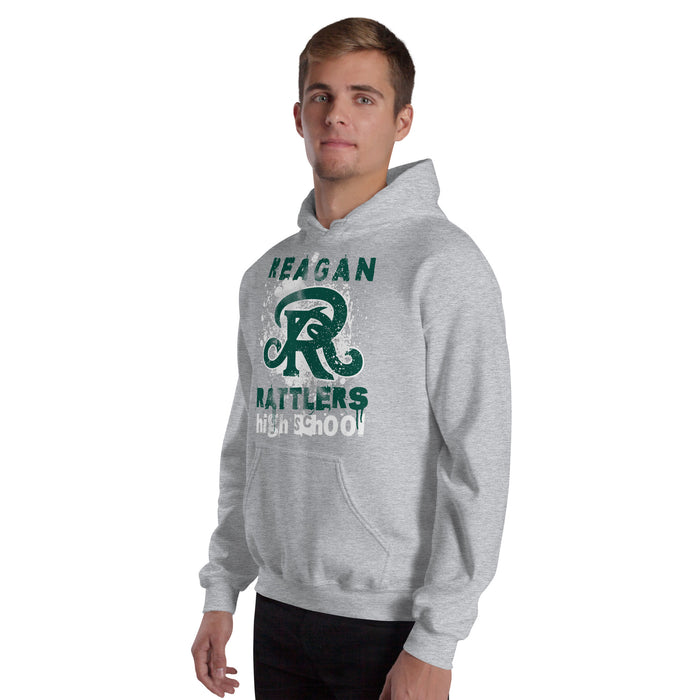 Man wearing Reagan High School Rattlers Grey Classic Unisex Hoodie 205