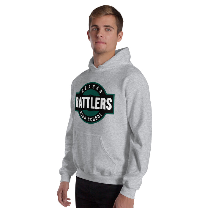 Man wearing Reagan High School Rattlers Grey Classic Unisex Hoodie 011
