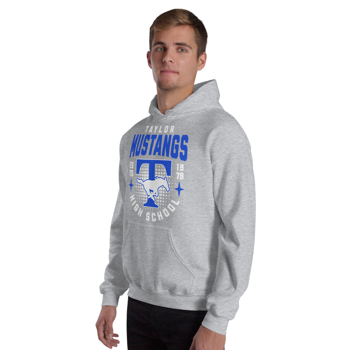 Man wearing Taylor High School Mustangs Grey Classic Unisex Hoodie 204